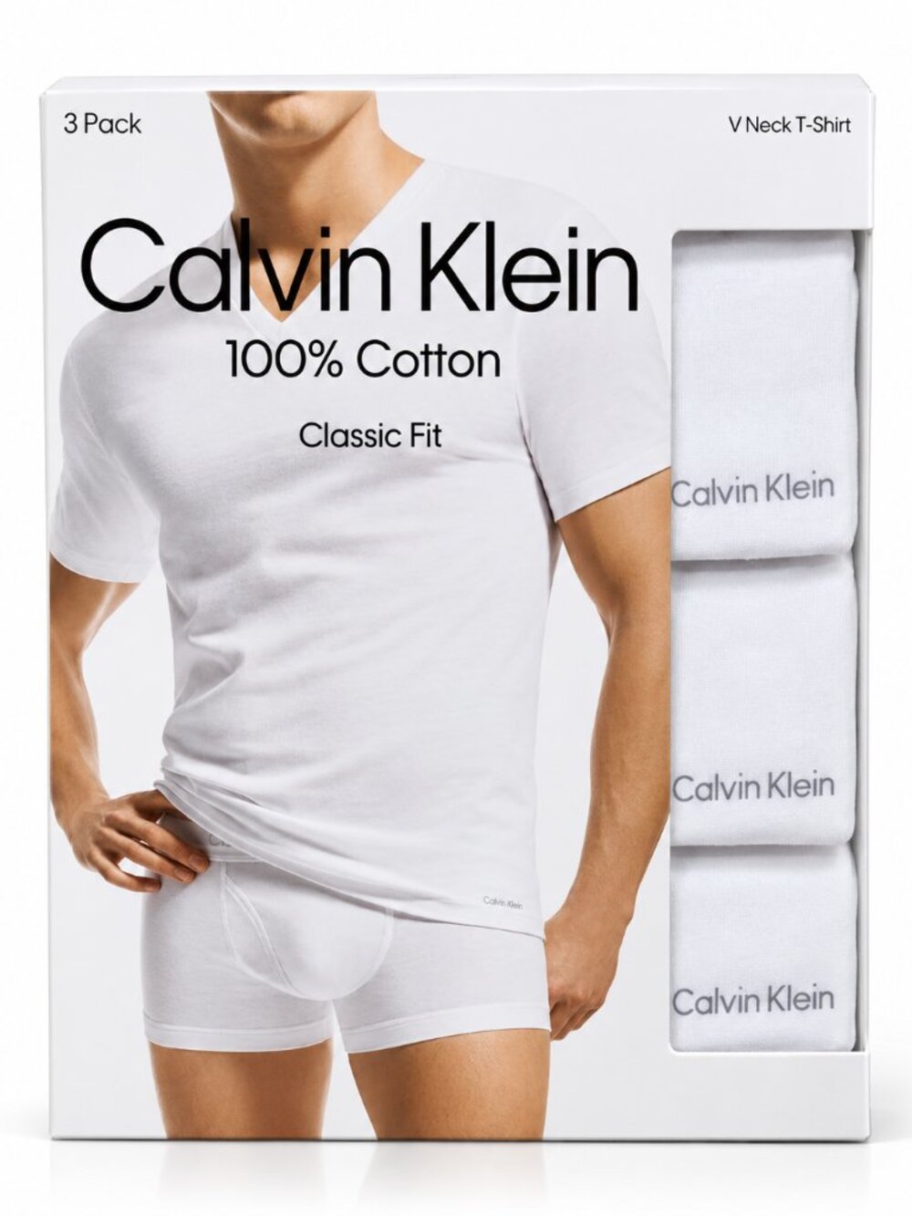 Calvin Klein Mens V Neck T-Shirts 3 Pack XXL White 100% Cotton Classic Fit